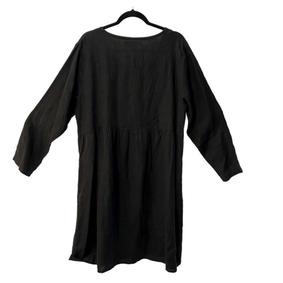 Flax Linen Long Sleeve Midi Dress Black with pockets - Picture 5 of 8
